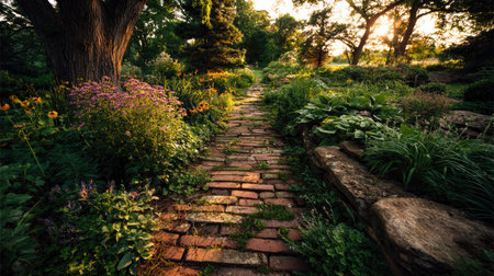 A picturesque garden pathway made of bricks, framed by colorful blossoms and lush greenery, captures the tranquility of nature in a stunning sunset backdrop.の素材