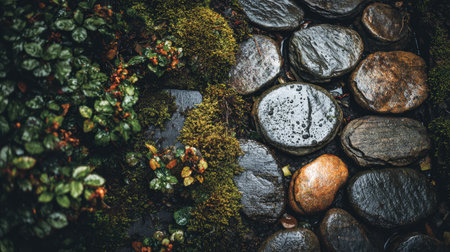 A serene landscape image showcasing a pathway of smooth stones interspersed with lush greenery and vibrant moss, capturing the essence of nature after a gentle rain.の素材