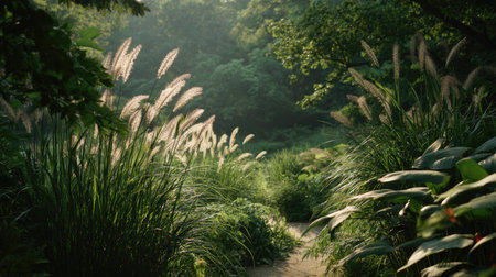 A tranquil pathway meanders through vibrant greenery, illuminated by soft sunlight, offering a peaceful retreat in nature. Experience the serene beauty around you.の素材