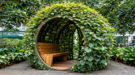This serene green pavilion offers a tranquil space for relaxation amidst lush foliage in a city park, blending modern design with natural beauty.の素材