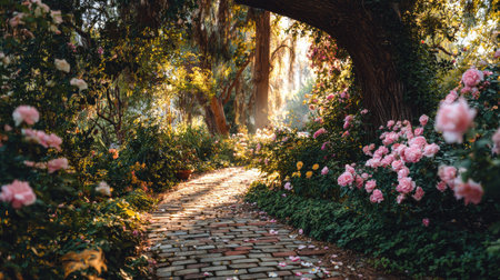 A beautiful garden pathway adorned with blooming roses invites visitors into a tranquil scene filled with lush greenery and gentle sunlight, embodying nature's elegance.の素材
