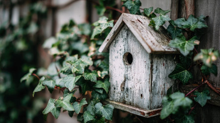 A charming rustic birdhouse nestled among lush ivy and a wooden fence, showcasing the beauty of nature with soft focus and natural light, perfect for garden decor.の素材