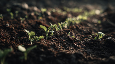 A close-up view of fresh green seedlings sprouting from dark soil, bathed in warm sunlight, symbolizes the beauty of growth and the nurturing power of nature.の素材