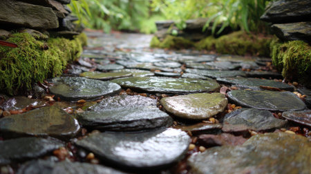 A tranquil garden pathway featuring wet slate stones surrounded by lush greenery, creating a serene atmosphere perfect for nature lovers and outdoor enthusiasts.の素材