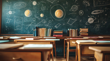 A well-organized classroom featuring wooden desks, stacked books, and a blackboard decorated with illustrations of planets and the solar system, promoting education.の素材
