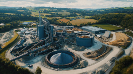 Stunning aerial view of a modern industrial site nestled in lush green countryside, showcasing machinery, equipment, and infrastructure in a vibrant landscape.の素材