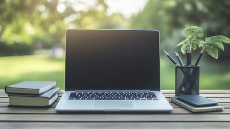 A serene outdoor workspace featuring a laptop, notebooks, and stationery organized neatly on a wooden desk, illuminated by natural light and surrounded by greenery.の素材