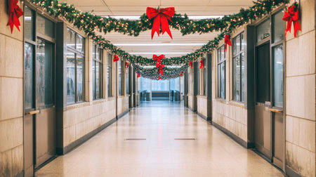 A beautifully decorated indoor hallway showcasing festive garlands and vibrant bows, capturing the essence of the Christmas season in a warm and inviting atmosphere.の素材
