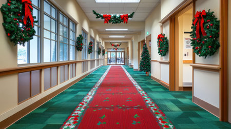 A beautifully decorated hallway showcasing festive wreaths and a vibrant red carpet runner, creating a warm holiday atmosphere in a welcoming lobby space.の素材