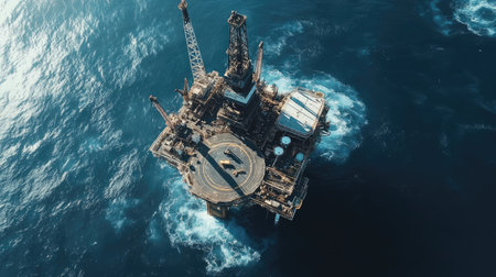 Stunning aerial shot of an offshore oil platform set against a vibrant blue ocean, showcasing industrial energy production and technology amidst natural beauty.の素材