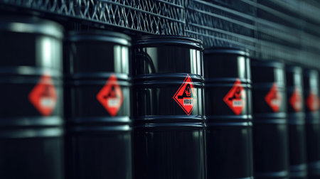 This image showcases a series of black chemical drums lined up in an industrial warehouse, emphasizing safety measures, hazard symbols, and storage management.の素材
