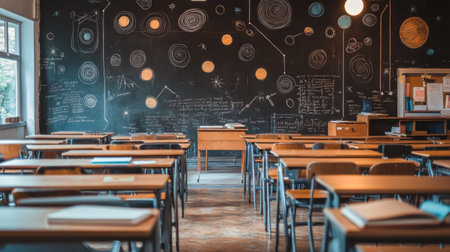 An empty classroom featuring wooden desks and a vibrant chalkboard filled with illustrations of planets and stars, creating an inspiring educational atmosphere.の素材