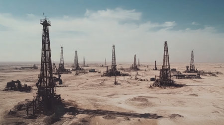 Aerial view of a barren desert landscape dotted with oil rigs, showcasing the scale of energy extraction operations in a remote environment under a bright sky.の素材