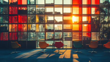 A lively sunset casts warm light through a colorful glass wall in a modern lobby, highlighting stylish seating and offering a glimpse of the urban cityscape outside.の素材