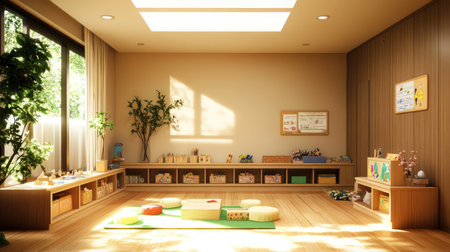 A bright and inviting playroom designed for children's learning. Featuring wooden decorations, educational toys, and abundant natural light, this space encourages creativity and enjoyment.の素材