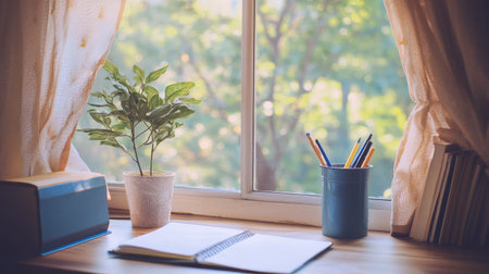A cozy indoor workspace by a window, showcasing a fresh plant, colorful stationery, and a notebook on a wooden table, perfect for inspiration and relaxation.の素材