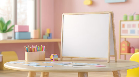 A modern classroom setup featuring a blank whiteboard, colorful stationery, and child-friendly decor creating an inspiring learning environment suitable for children.の素材