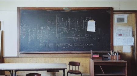 A vintage classroom featuring a blackboard filled with mathematical equations and diagrams, alongside a wooden desk and educational charts, promoting an inspiring learning atmosphere.の素材