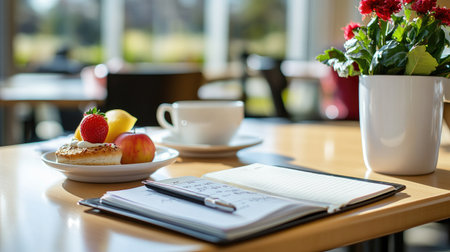 A cozy breakfast scene featuring a wooden table with fresh fruits, pastries, a steaming cup of coffee, and a notepad amidst vibrant decor. Ideal for morning inspiration.の素材