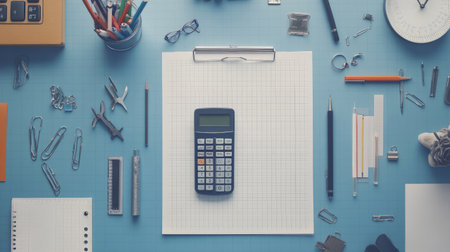 A well-organized workspace featuring a calculator, various stationery items, and graph paper, ideal for planning and enhancing productivity in creative projects.の素材