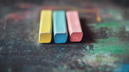 This image features three vibrant pieces of chalk resting on a colorful surface, ideal for showcasing creative potential in art and educational environments.の素材
