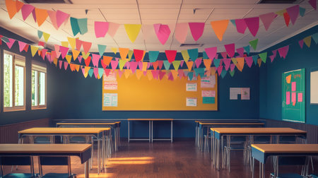 A vibrant classroom designed for creativity and learning, featuring colorful banners, empty desks, and bright walls, perfect for educational activities and inspiration.の素材