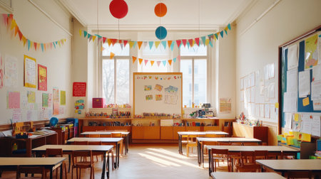 A vibrant and well-organized classroom space filled with colorful decorations, student artworks, and inviting learning materials, creating an inspiring atmosphere for education.の素材