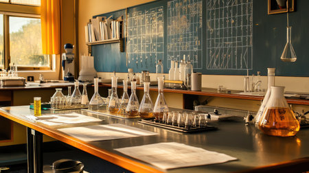 This chemistry laboratory features glass beakers, equipment, and natural light, creating an ideal space for experiments, learning, and scientific exploration.の素材