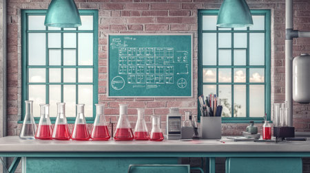 A vibrant science laboratory featuring assorted glassware filled with colorful liquids. The stylish design includes a chalkboard, creating a perfect educational atmosphere.の素材