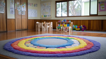 A vibrant preschool classroom featuring a colorful rainbow carpet and an inviting space for children to engage in learning and play activities together.の素材