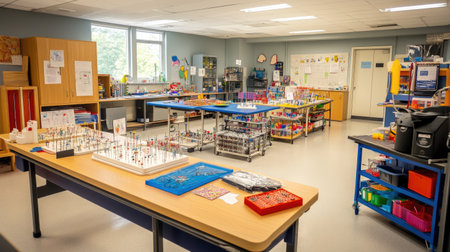 Discover an engaging classroom lab environment designed for innovative learning, featuring organized workspaces, a variety of colorful educational materials, and collaboration areas.の素材