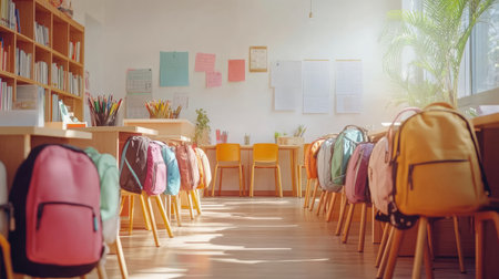 A bright classroom filled with colorful backpacks neatly arranged on chairs, creating an inviting atmosphere for learning and creativity in a modern education setting.の素材