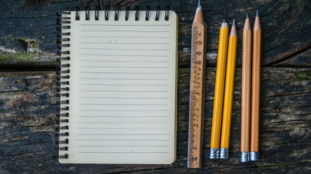 A flat lay of yellow pencils, a wooden ruler, and an empty spiral notepad resting on a textured wooden surface, ideal for creative projects or note-taking.の素材