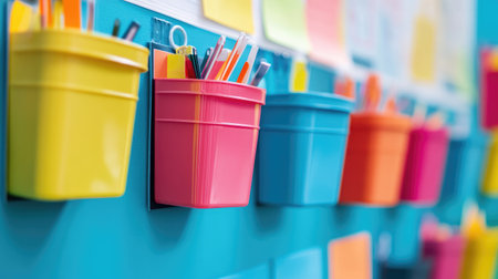 Brightly colored storage bins filled with various stationery supplies are mounted on a vibrant blue wall, providing a visually appealing and organized workspace for creativity.の素材