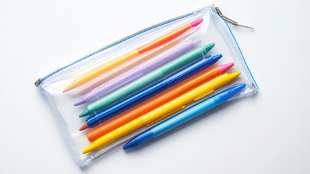 A vibrant collection of gel pens displayed in a stylish clear pencil case, perfect for students, artists, and anyone seeking organization and creativity in their workspace.の素材