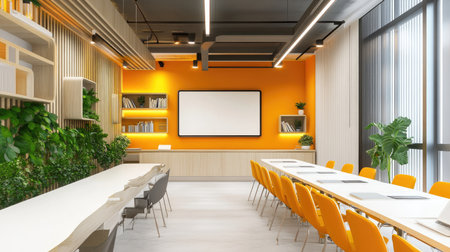 Bright and inviting conference room featuring modern furniture, large screen for presentations, and vibrant colors designed for collaborative meetings and professional gatherings.の素材