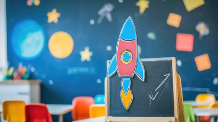 A lively classroom scene featuring a colorful rocket on a chalkboard, designed to inspire creativity and learning among young students in an inviting space.の素材