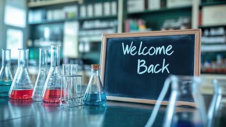 Bright and inviting laboratory scene featuring colorful glassware and a chalkboard message, creating an engaging environment for science exploration and education.の素材