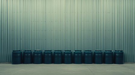 A modern industrial warehouse scene showcasing a row of blue drums lined up against a metal wall, emphasizing organization and efficiency in industrial storage.の素材