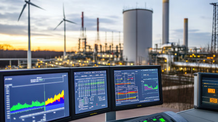 A control room scene featuring multiple screens displaying data and graphs. The backdrop showcases wind turbines and an oil refinery illuminated at sunset.の素材
