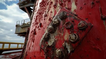A detailed close-up view of a weathered oil rig featuring rusty red paint, corroded metal surfaces, and industrial elements under a cloudy sky, emphasizing nature's impact.の素材