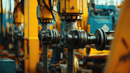 This close-up image showcases intricate components of industrial machinery in a construction site, highlighting the power and engineering behind heavy equipment systems.の素材