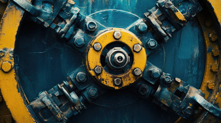 This striking close-up image of industrial machinery reveals intricate gears and bolts, featuring a weathered yellow and blue color scheme, illustrating mechanical beauty.の素材