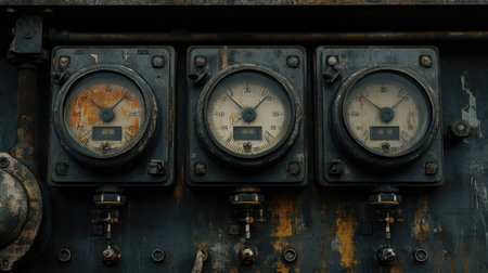 Close-up of vintage industrial pressure gauges showing signs of wear and age, featuring an interesting textured background. Ideal for themes of history and machinery.の素材