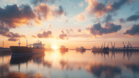 Scenic view of a tranquil harbor at sunrise, with boats and ships silhouetted against a vibrant sky, reflecting beautifully on calm waters, evoking peace and wonder.の素材