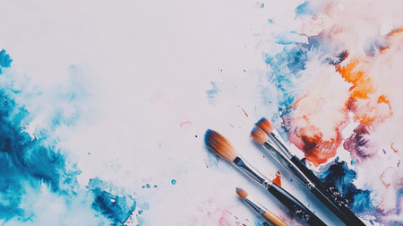 Explore a vivid abstract watercolor background featuring art brushes on a white canvas, ideal for creative projects and artistic endeavors. Perfect for all artists.の素材