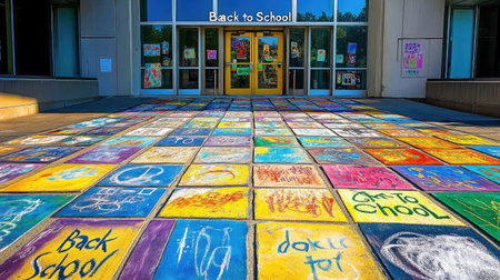 Vibrant chalk art covers the entrance of a school, featuring playful messages and colorful designs that welcome students and highlight community spirit during the school year.の素材