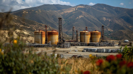 A striking industrial refinery plant with large storage tanks situated against a mountainous backdrop. Colorful flora in the foreground highlights the contrast between nature and industry.の素材