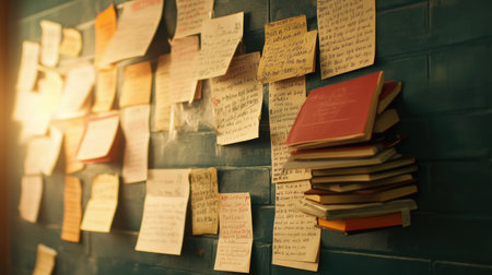 A vibrant collection of colorful notes pinned to a textured blue wall, accompanied by a small stack of books, symbolizes creativity and personal expression.の素材