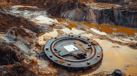 An industrial site features a round metal access cover surrounded by muddy terrain and standing water, highlighting construction challenges and environmental conditions.の素材